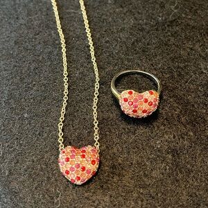 Gold Tone Heart Necklace and Ring Set with Red and Pink Rhinestones